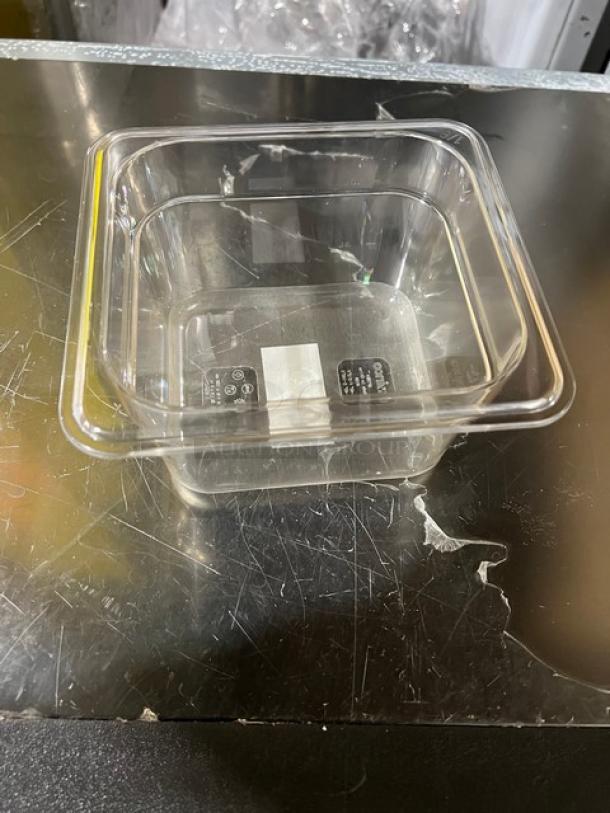NEW! Winco SP7604 clear polycarbonate 1/6-size food pan, 4" deep. Pristine condition, visible labels intact.