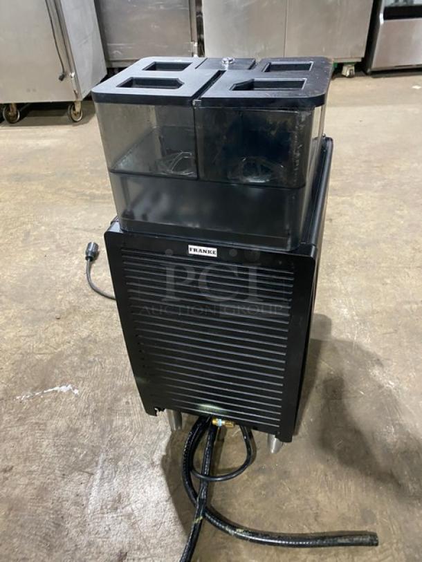 Franke FCS4050 black electric countertop coffee machine, touch screen, drip tray, SN: 3400000072792, 200-220V, on legs.