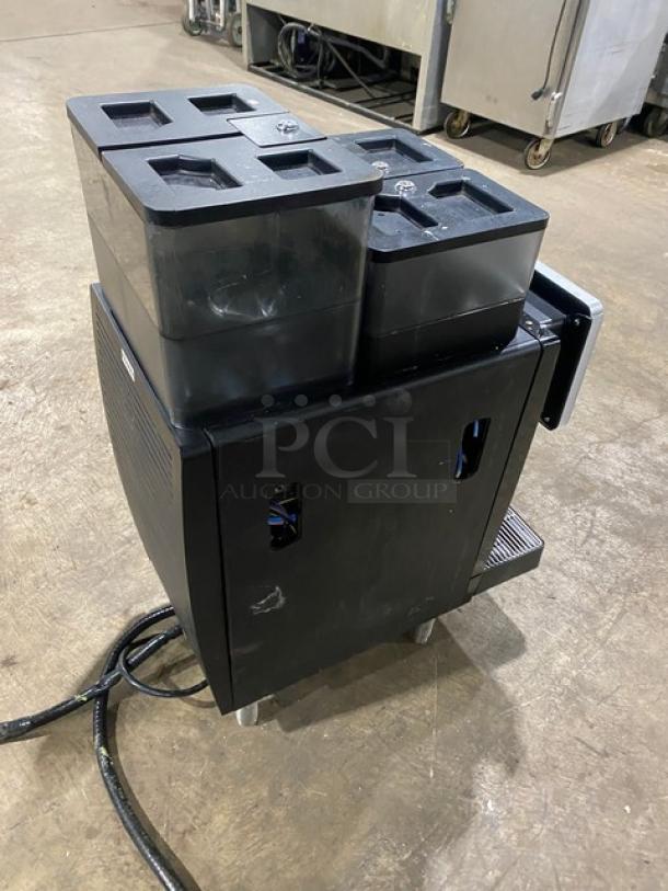 Franke FCS4050 black countertop coffee machine with touch screen, drip tray, model SN: 3400000072792, 200-220V, on legs.