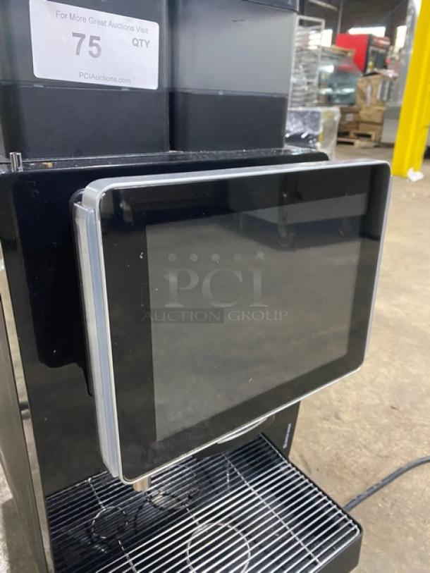 Franke FCS4050 black electric countertop coffee machine with touch screen, drip tray, and legs. Model: FCS4050, 200-220V.