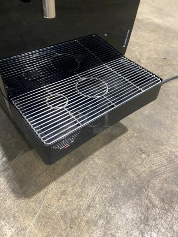 Franke Commercial Black Electric Coffee Machine, Model FCS4050, with touch screen, drip tray, and legs. 200-220V.