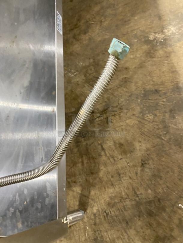 Duke Aerohot Series stainless steel gas-powered 5-well hot food/steam table, single undershelf, on legs, visible flex hose.