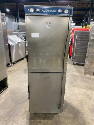 Alto-Shaam Halo Heat stainless steel dual-compartment heated cabinet, solid Dutch doors, individual control, on casters.