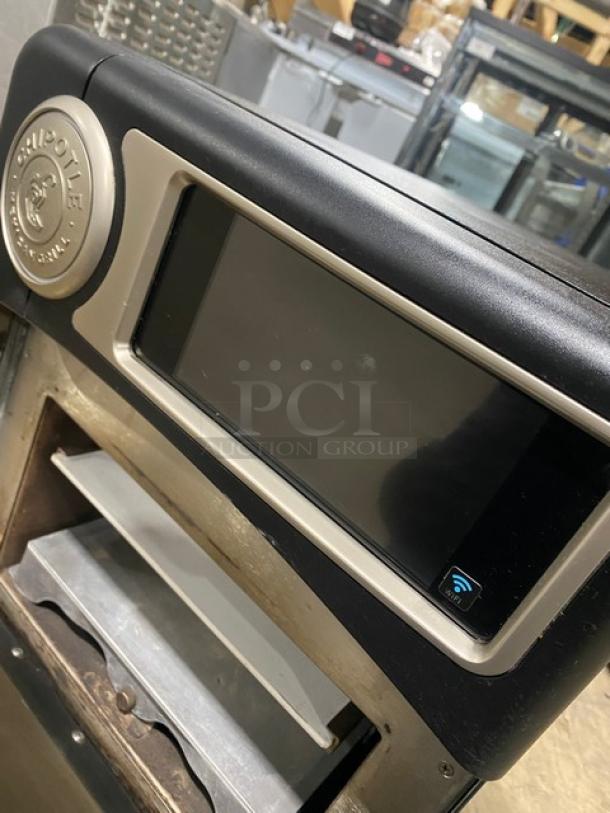 TurboChef 2021 NGO model black countertop rapid cook oven with crank bar. Chipotle-style, ventless, 208/240V, 1 phase.