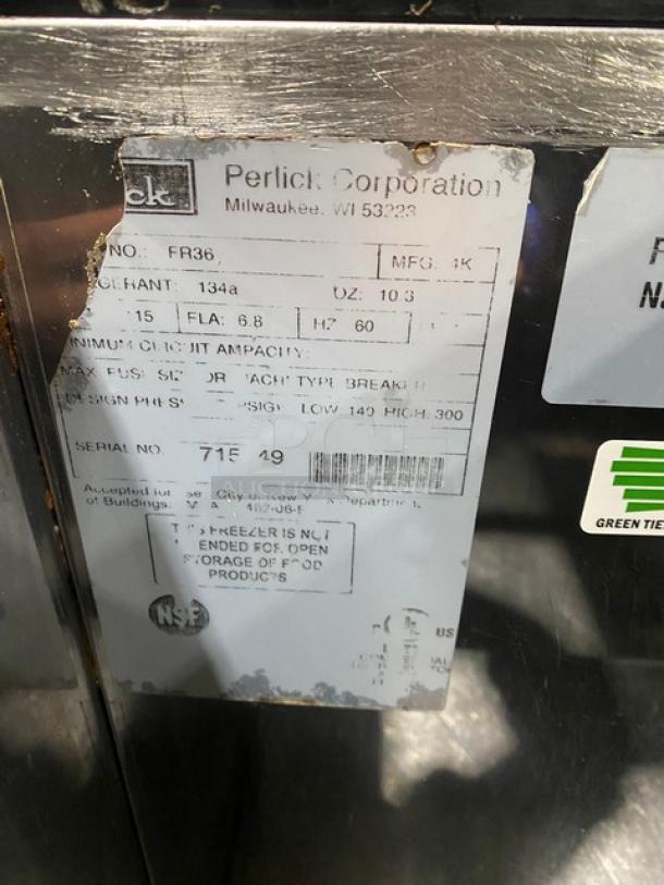 Perlick FR36 commercial glass froster, stainless steel, 36" with sliding lid, 115V 1 phase, on casters, serial 71549.