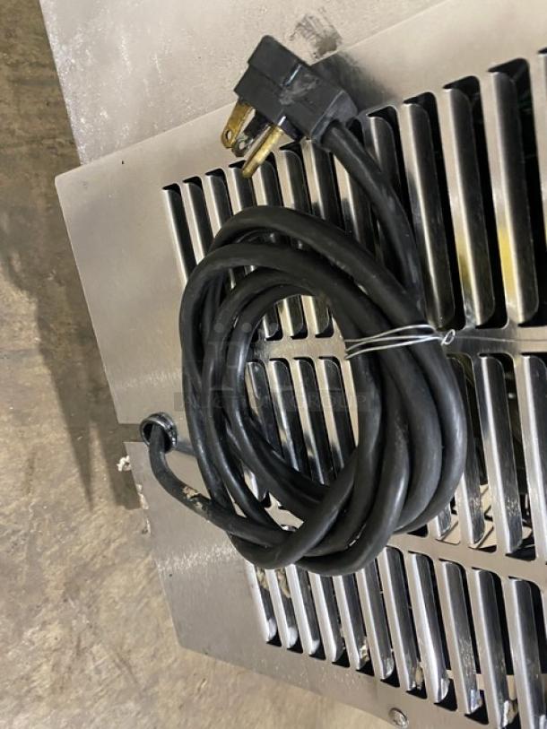 Perlick FR36 stainless steel glass froster/plate chiller, 36", sliding lid, 115V, on casters, power cord shown.