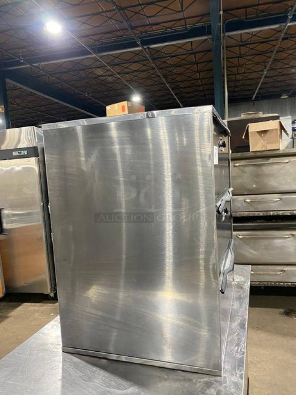 APW Wyott HDD3 stainless steel electric warming drawer, 3 compartments, individual control, good condition, 120V, 1 phase.