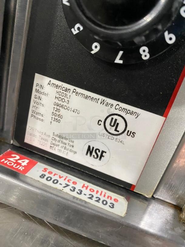 APW Wyott HDD3 Commercial Stainless Steel 3-Compartment Heated Drawer with individual controls, Model HDD-3, 120V, NSF certified.