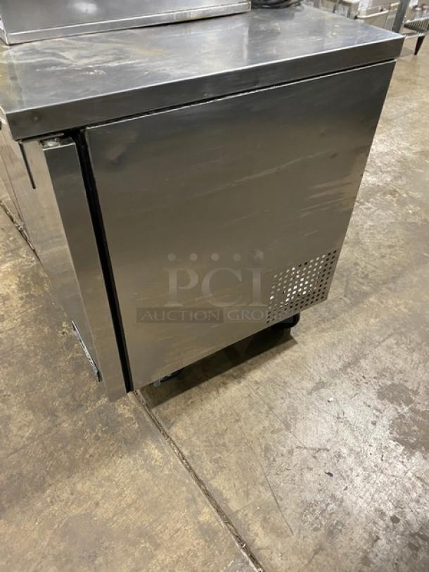 True Commercial Stainless Steel 2 Door Undercounter Refrigerator, Model TUC-60, on casters, in good condition.