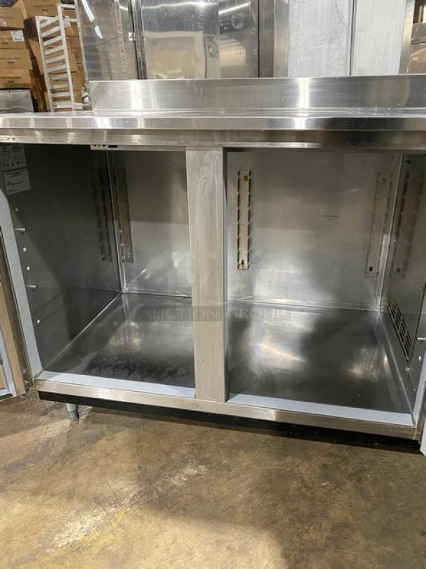Duke Commercial Stainless Steel 2-Door 60" Worktop Refrigerator, Model RBC-60M, with upturned backsplash, on legs, SN: 09135680.
