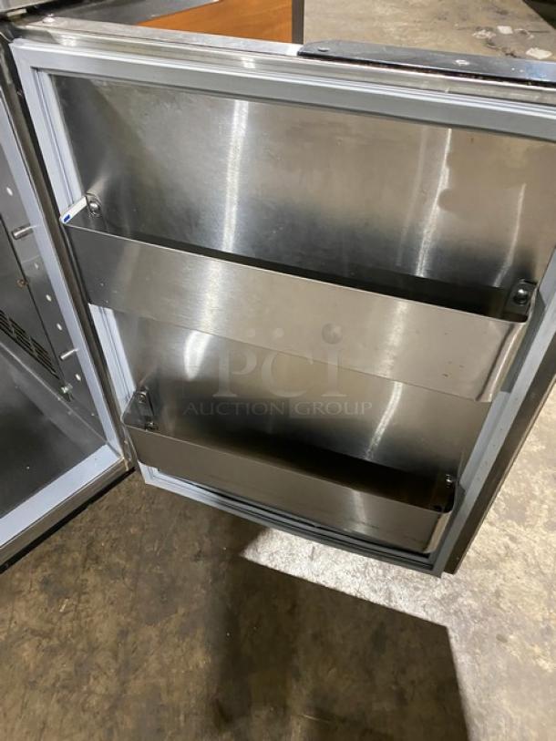Duke Commercial Stainless Steel 2-Door Worktop Refrigerator, Model RBC60M, with up-turned backsplash, on legs, open door view.