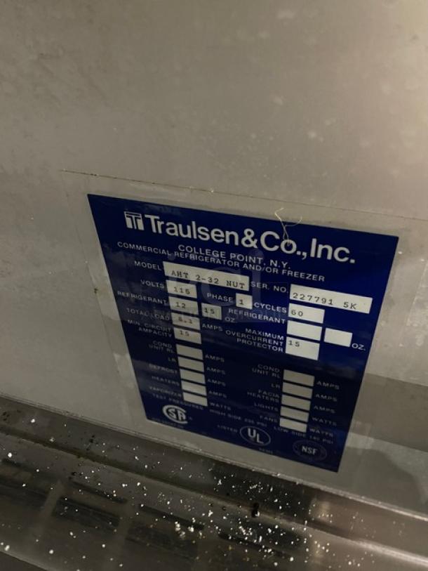 Traulsen Commercial 4-Door Stainless Steel Refrigerator, Model AHT2-32NUT, SN: 2277915K, 115V, 1 Phase, Built-in Pan Slides.