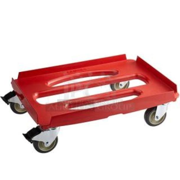 Red Cambro CDC300358 Cam-GoBox Camdolly, new, heavy-duty, compact, on casters for easy mobility. Commercial-grade.
