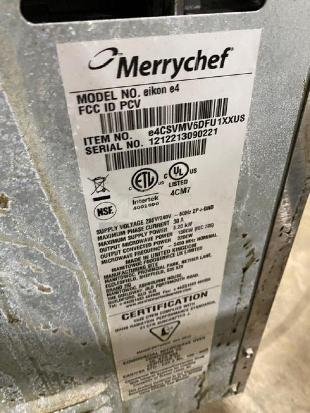 MerryChef Eikon E4 high-speed turbo oven, stainless steel, model Eikon E4, SN: 1212213090221, 208/240V, with wired rack.