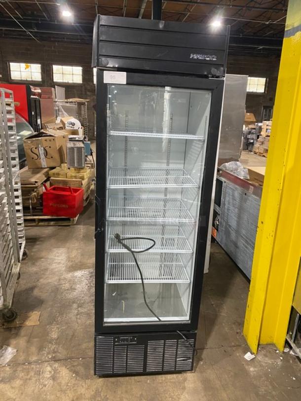 Habco SE18 commercial glass door merchandiser refrigerator, black, poly-coated rack, model SE18, serial 19062521, 115V 1 phase.
