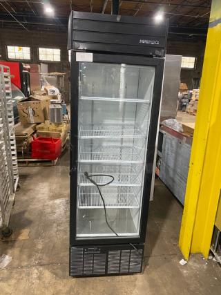 Habco SE18 commercial glass door merchandiser refrigerator, black, poly-coated rack, model SE18, serial 19062521, 115V 1 phase.