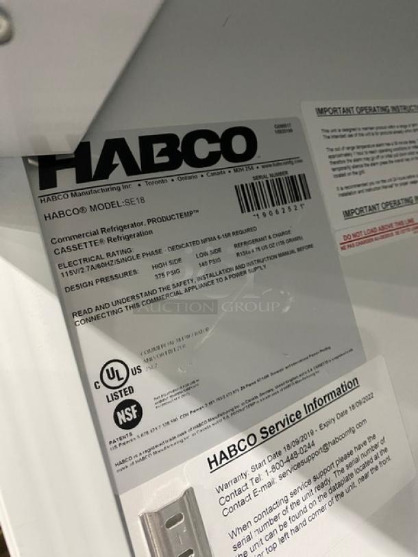 Habco SE18 commercial refrigerator label, featuring model and serial number 19062521, and electrical specifications.