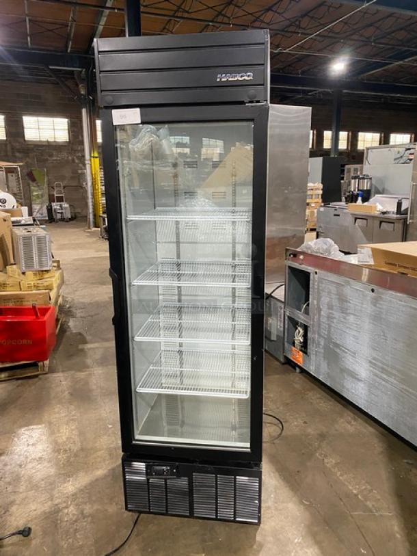 Habco SE18 commercial black single glass swing door merchandiser refrigerator with poly coated wire racks. Model SN: 19050732.