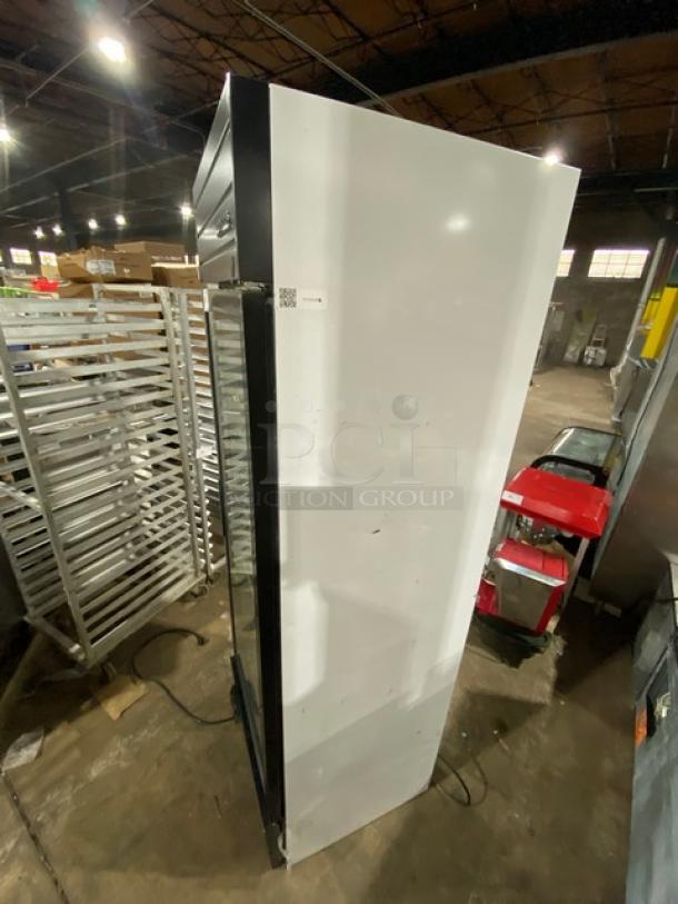 Habco SE18 black single glass swing door reach-in merchandiser refrigerator, poly-coated wired rack, 115V 1 phase, SN: 19050732, commercial use.