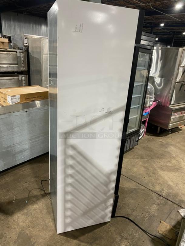 Habco SE18 commercial black single glass door merchandiser refrigerator with poly-coated wired rack, 115V, good condition.