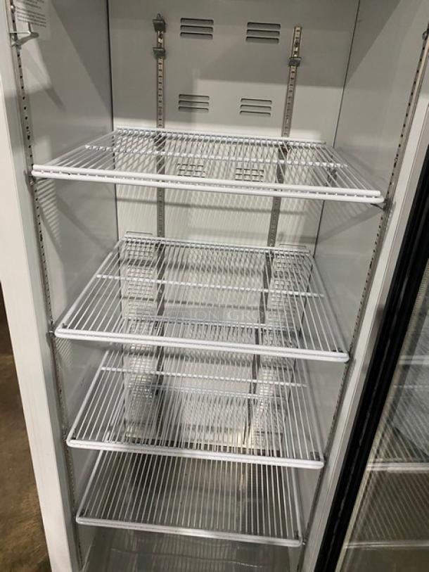 Habco SE18 Commercial Refrigerator, black, single glass door, poly coated wire racks, 115V, SN: 19050732.