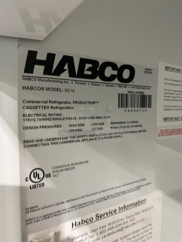 Habco SE18 commercial refrigerator label showing model, electrical rating 115V 1 phase, and UL certification.