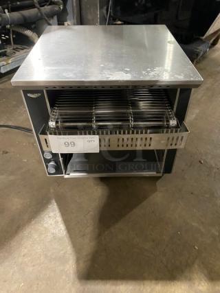 Vollrath JT1 commercial stainless steel electric conveyor toaster on legs, with control knobs and vented design, model SN: P162-01873337-014, 120V.