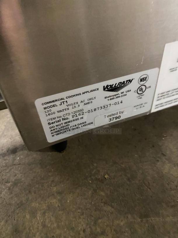 Vollrath JT1 stainless steel countertop bread/bun toaster, electric powered, model JT1, 120V, on legs, serial P162-01873337-014.