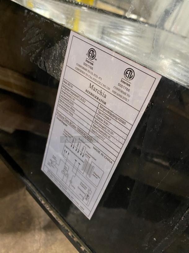 Marchia MDC161 bakery display case with curved glass, chrome rack, LED lighting, double glass sliding door, and ETL labels.