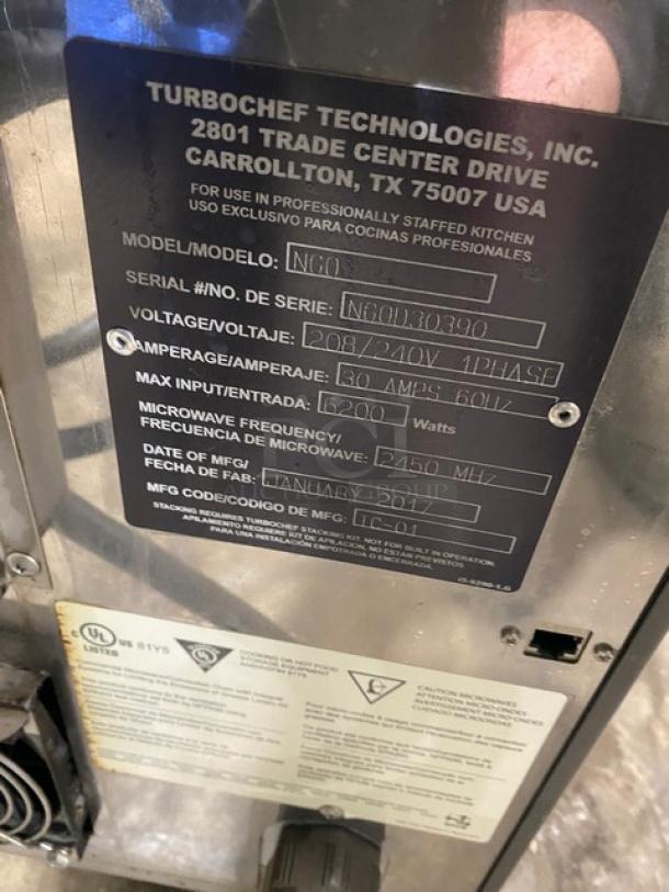 2017 Turbo Chef NGO rapid cook oven, 208/240V, 1 Phase. Serial NGOD30390. Label shows model, voltage, and date of manufacture.