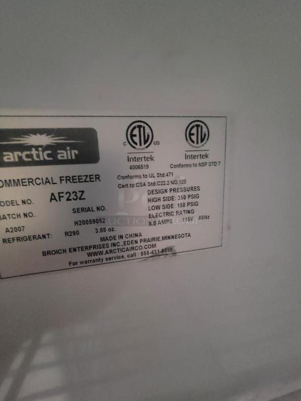 Arctic Air commercial freezer label showing model AF23Z, serial number H20059052, ETL certifications.