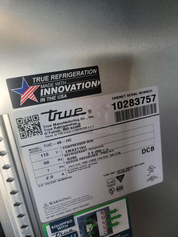 Label on Texino FD-306 mobile kitchen's True refrigeration unit, model TUC-48-HC, cabinet serial 10283757.