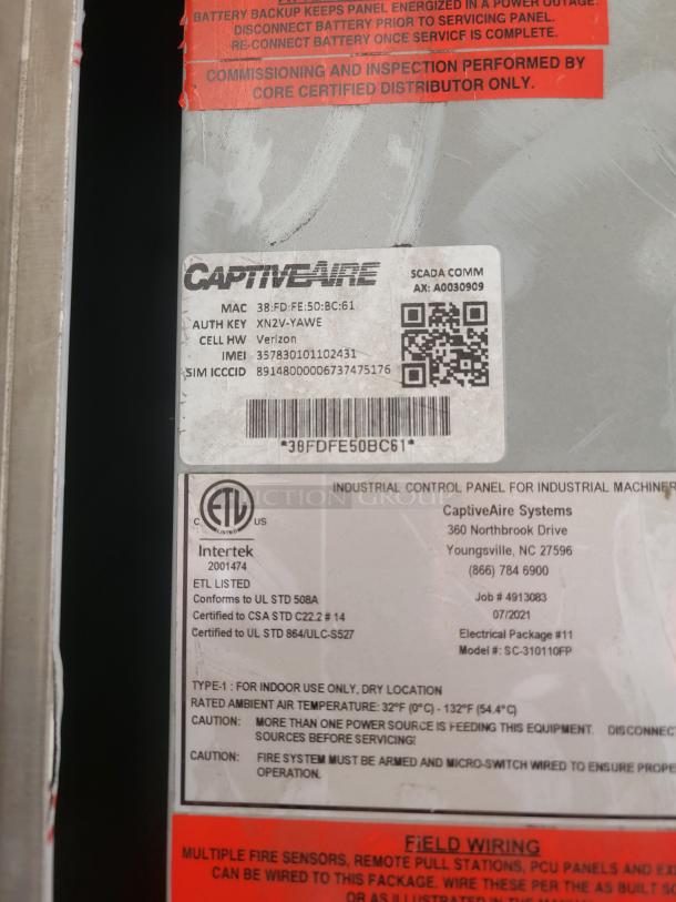 CaptiveAire industrial control panel label with installation and safety instructions, model SC-310110FP details, and contact info.