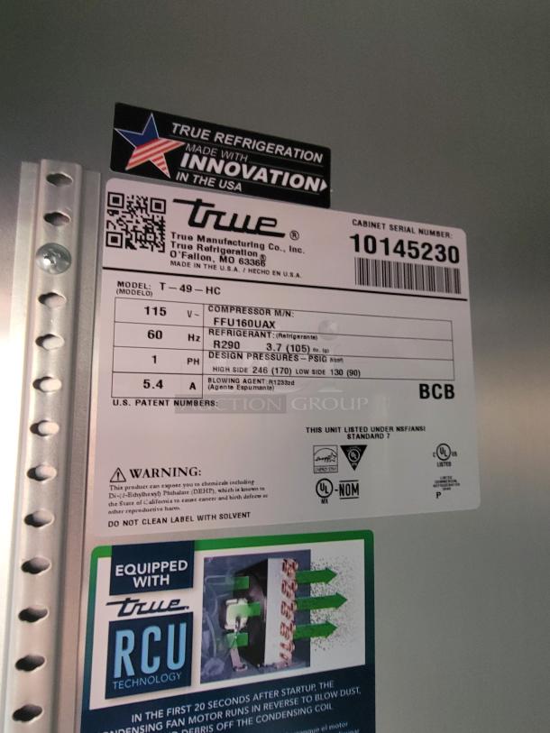 True refrigeration label on Texino FD-306 mobile kitchen. Shows model T-49-HC, serial 10145230, equipped with RCU technology.