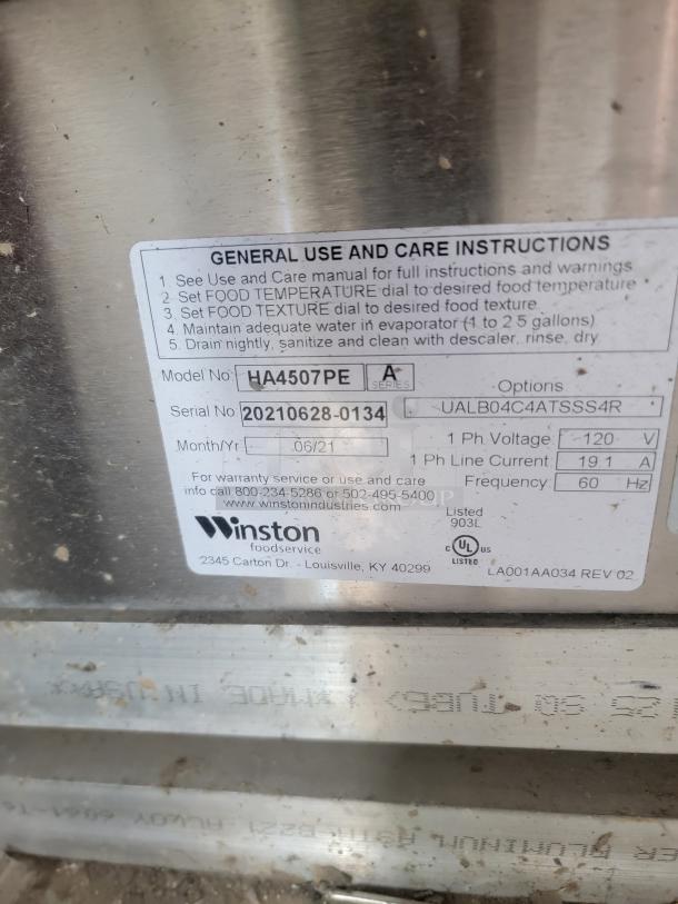 Label on Winston CVap unit, Model HA4507PE, Serial 20210628-0134. Displays care instructions, voltage, and service info.