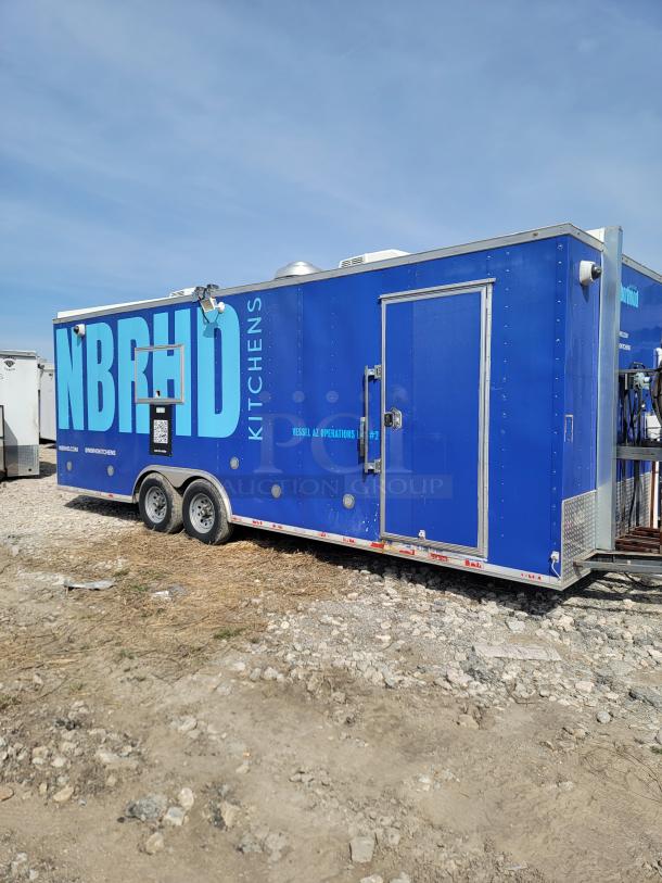 2020 Diamond Cargo 24' mobile kitchen trailer, blue exterior, dual axles, featuring commercial-grade kitchen equipment.