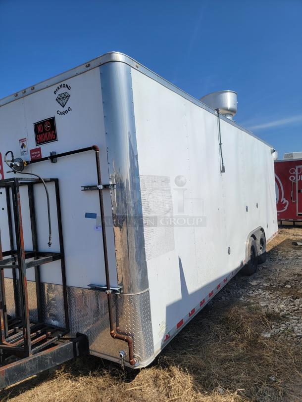 2021 Diamond Cargo 24' mobile kitchen trailer, GVWR 14,000 LB, features Royal cooking suite, Nor-Lake refrigeration. Signage indicates no smoking and propane shutoff.