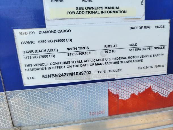 2021 Diamond Cargo 24' mobile kitchen label, showing GVWR 6350 KG, VIN 53NBE2427M1089703, and specs including tire and rim details.