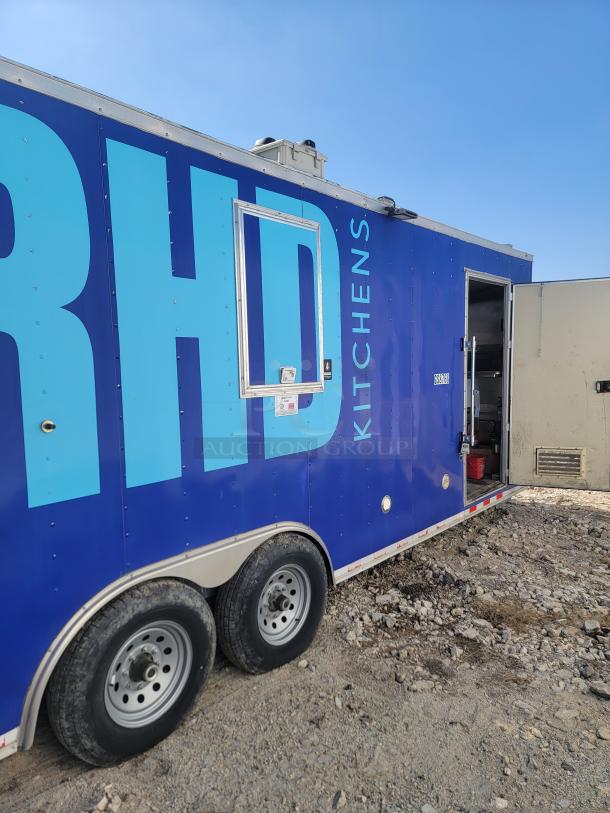 2021 Diamond Cargo 24' mobile kitchen trailer, blue with "RHD Kitchens" text, dual axle, in good condition.