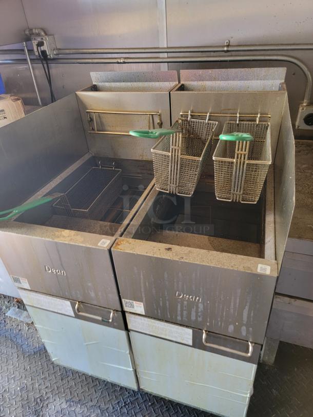Dean commercial fryer in a 2021 Diamond Cargo mobile kitchen. Includes fryer baskets. Visible wear from use.
