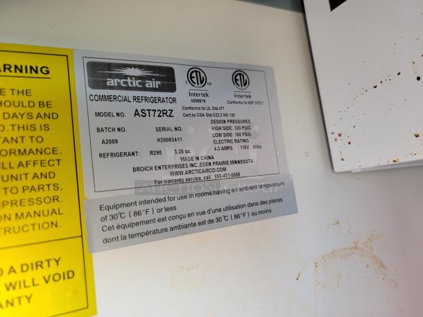 Arctic Air commercial refrigerator label for model AST72RZ, showing serial number H20093411, refrigerant R290 details.