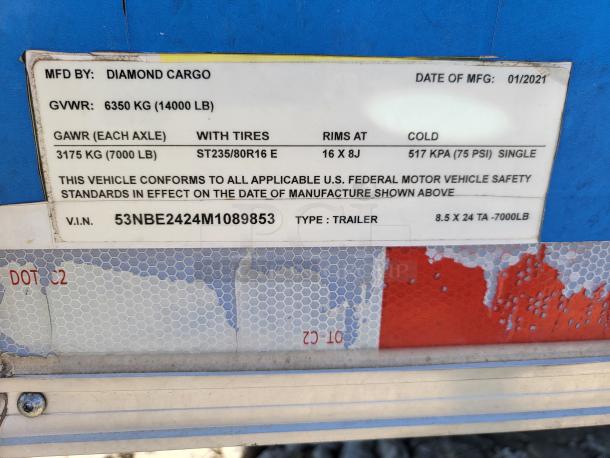 Label showing VIN 53NBE2424M1089853 for a 2021 Diamond Cargo 8.5x24 TA trailer. Manufactured 01/2021 with GVWR 6350 kg.