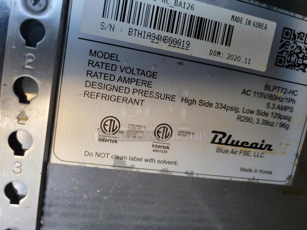 Label on the Diamond Cargo mobile kitchen equipment. Lists model BLPT72-HC, voltage 115V, and refrigerant type R290. Made in Korea.