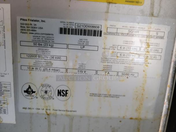 Label on Pitco Frialator model SG14R, showing specifications: 50 lbs capacity, 122000 BTU/hr, 115V, certified for food service.