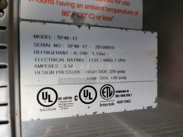 Tags displaying model SP48-12, serial 20100015, R-290 refrigerant, 115V/60Hz/1PH rating, UL and ETL certifications.
