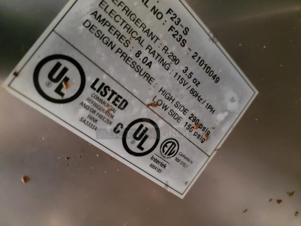 UL and ETL certification labels on equipment, indicating compliance with safety standards for commercial refrigerator/freezer.