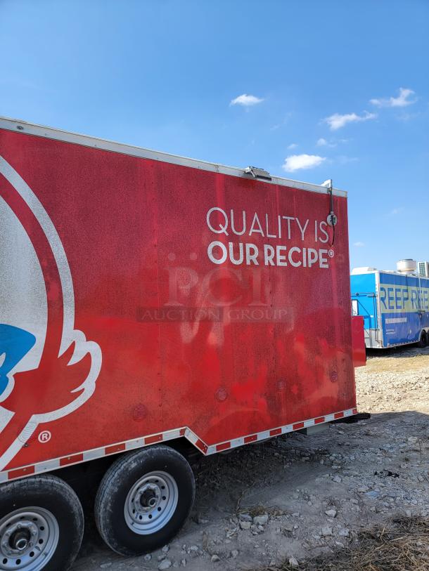 2021 Rock Solid Cargo 28’ Triple Axle Mobile Kitchen, red exterior, "Quality is Our Recipe" written on side, three axles.