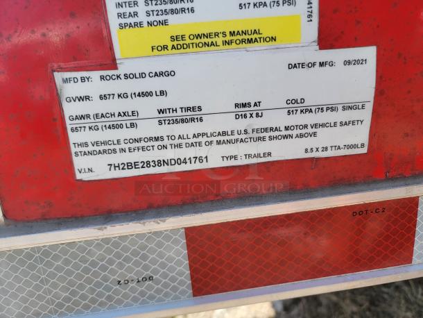 Label showing 2021 Rock Solid Cargo trailer specifications: GVWR 14500 lbs, GAWR 14500 lbs, VIN 7H2BE2838ND041761.