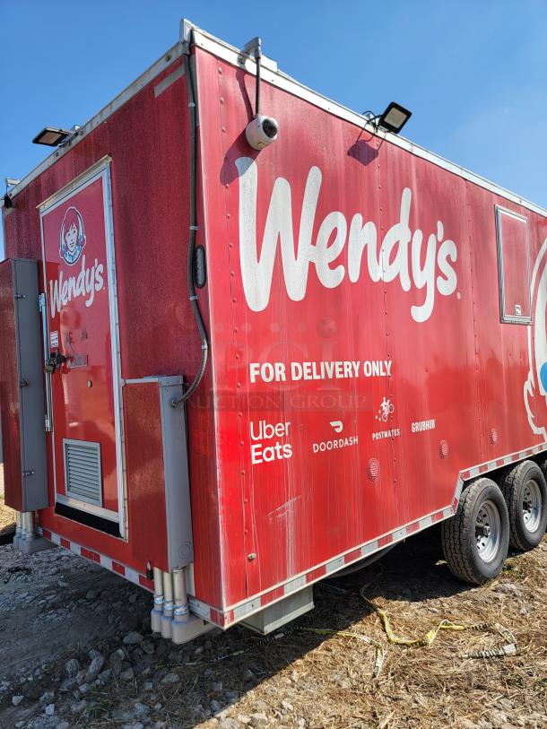 2021 Rock Solid Cargo 28' Mobile Kitchen, red, Wendy's branding, delivery logos, triple axle, equipped for catering.