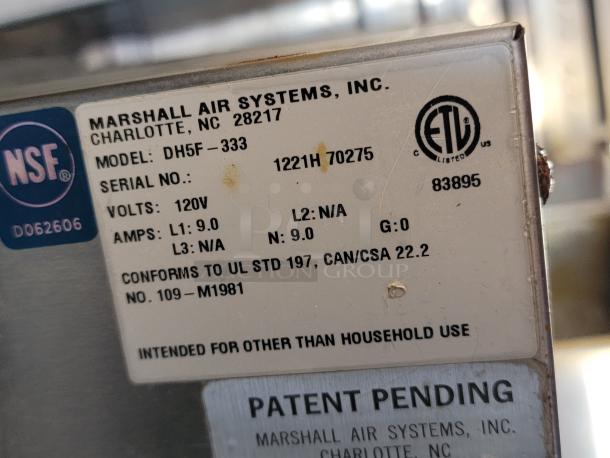 Marshall Air Systems label for model DH5F-333, serial 1221H70275, 120V, 9.0A, conforms to UL STD 197.